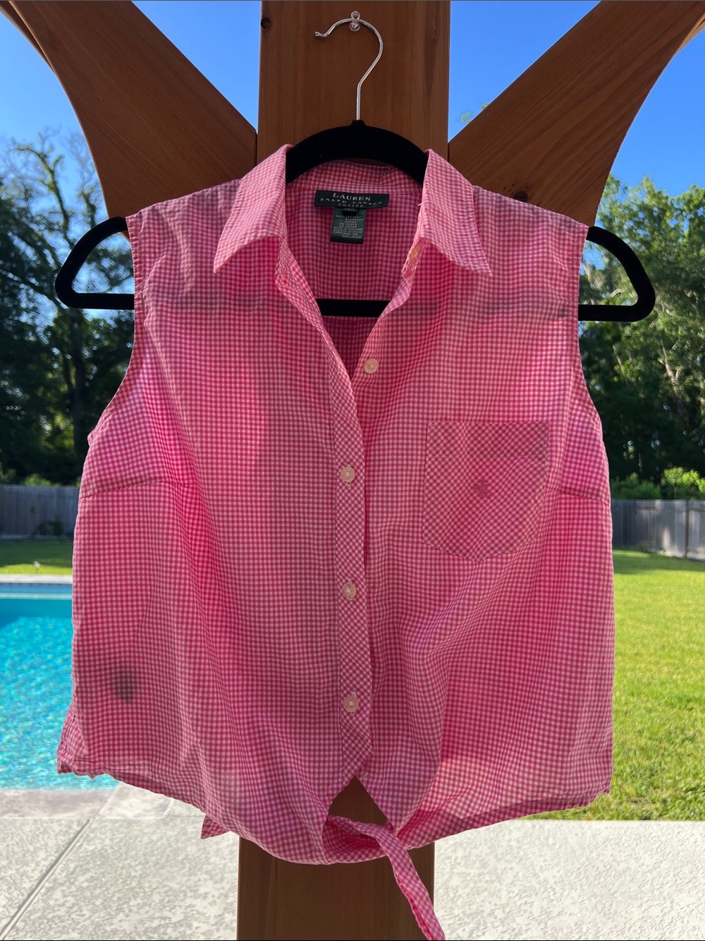 Ralph Lauren Pink Gingham Sleeveless Tie-Front Shirt